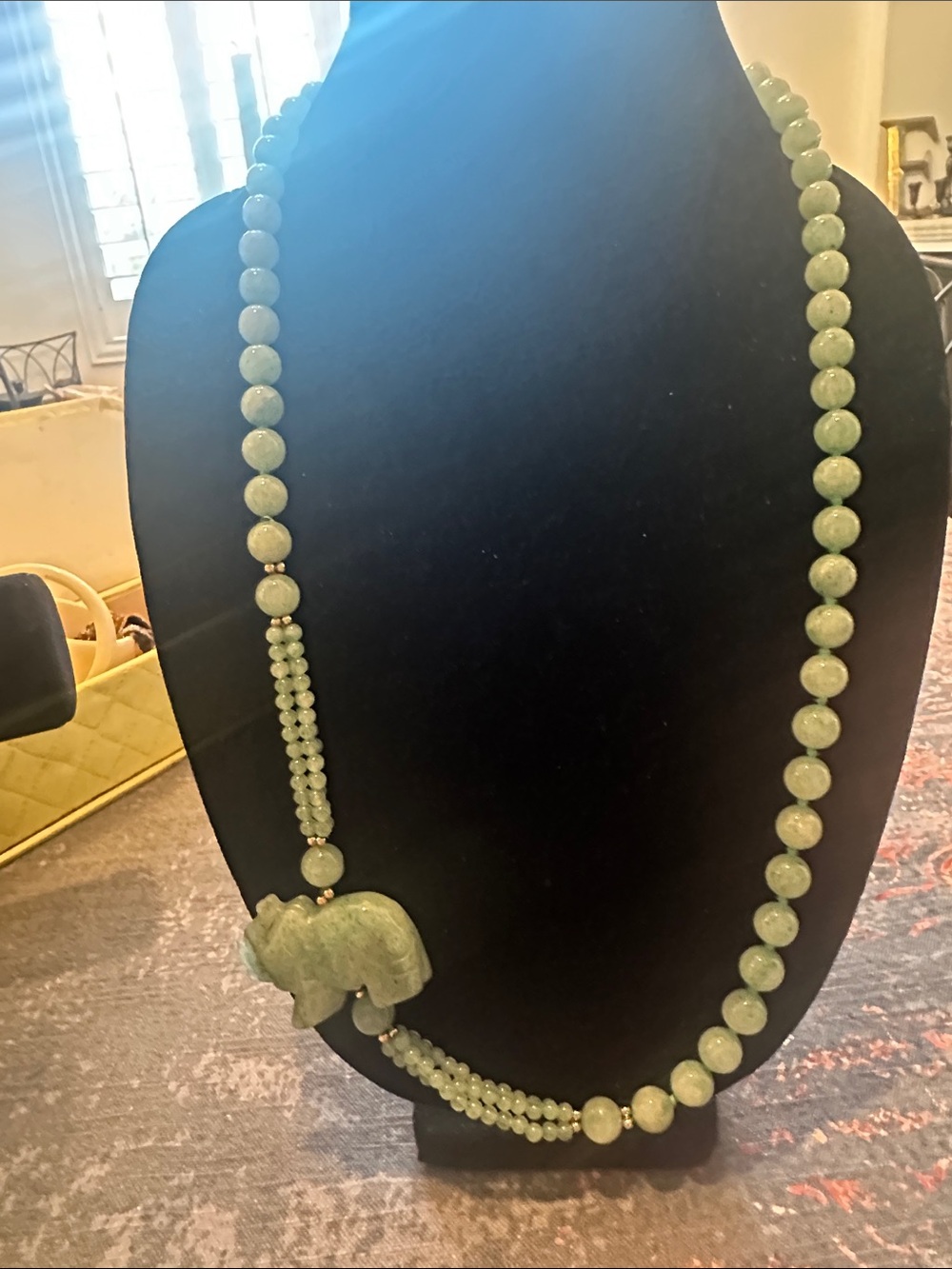 Source Unknown Green Bead Necklace with Carved Elephant Pendant-possibly jadeite